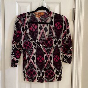 Tory Burch Low-Cut Deep V-Neck Black, White & Raspberry Cardigan